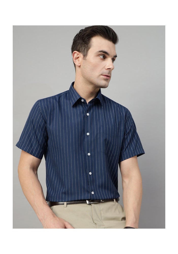 Navy Blue Striped Polycotton Slim Fit Shirt for Men
